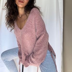 Wish the Label Skylight Tie Soft Acrylic Knit Sweater Light Pink Dusty Rose